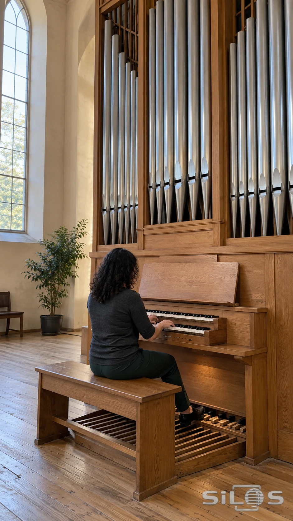 An adult organist plays at a wooden console beneath tall silver pipes in a quiet recital room.