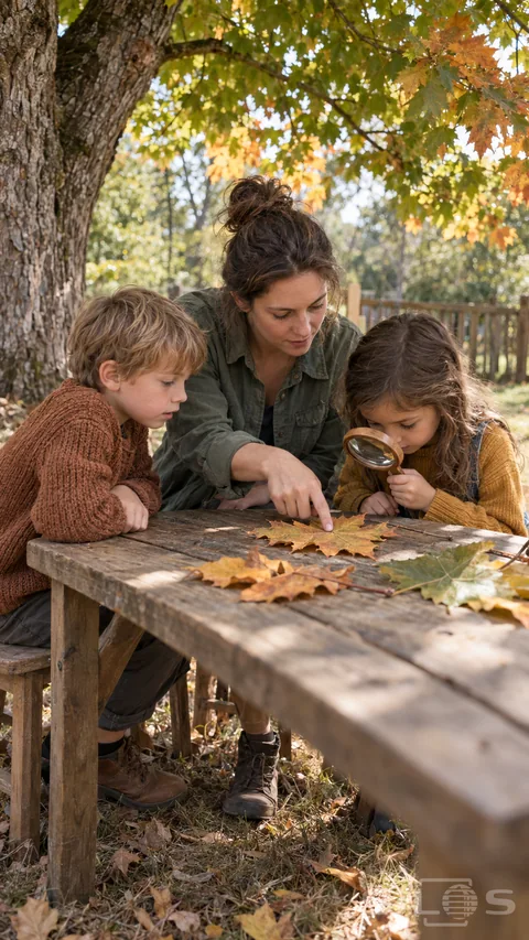 A teacher and two children study autumn leaves at a small table beneath a tree canopy.