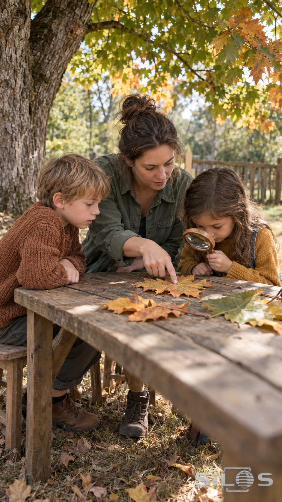 A teacher and two children study autumn leaves at a small table beneath a tree canopy.