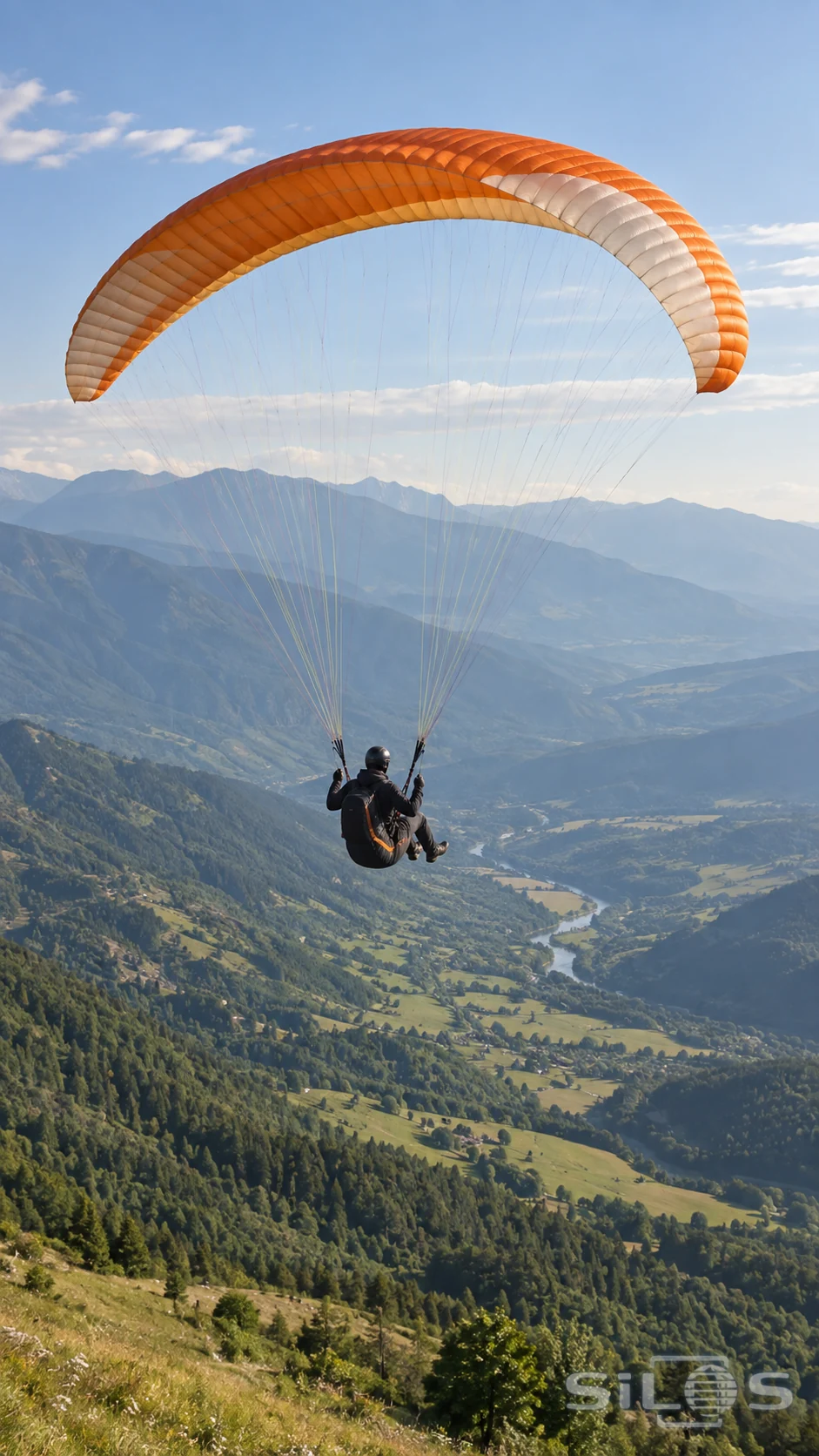 A single adult paraglider flies beneath a curved canopy above a broad mountain valley.