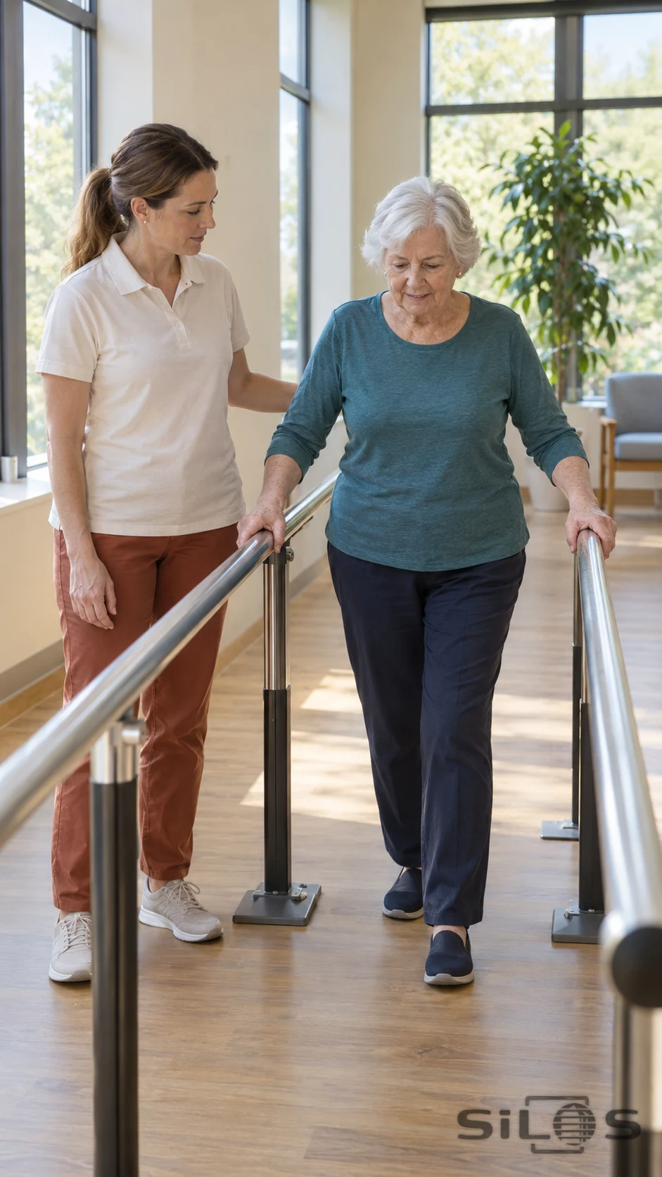 An older adult practices a careful step between parallel bars while a physiotherapist accompanies her.