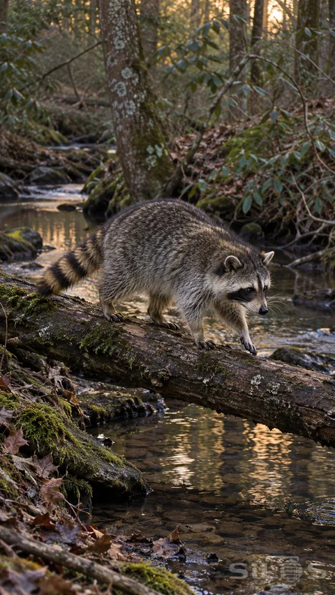 A raccoon steps along a fallen log across a shallow woodland stream in the last evening light.