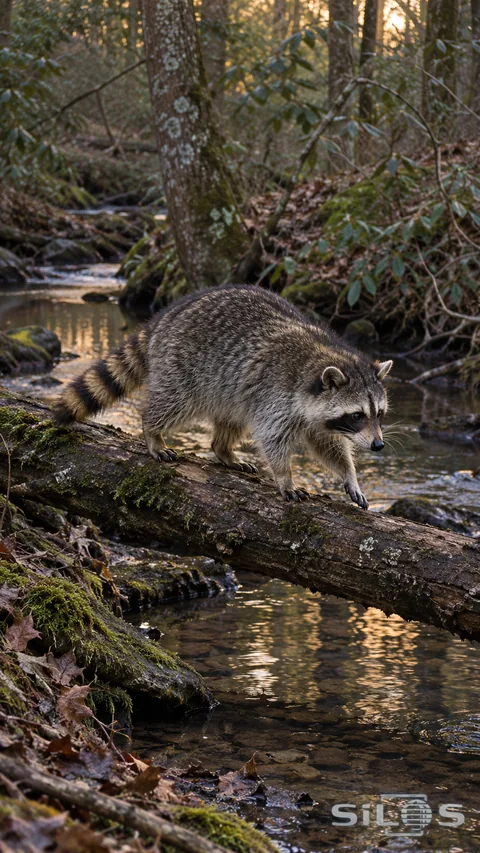 A raccoon steps along a fallen log across a shallow woodland stream in the last evening light.