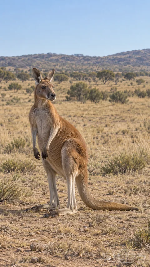 A red kangaroo rests upright in sparse dry grass with its large hind feet and long tail grounded.
