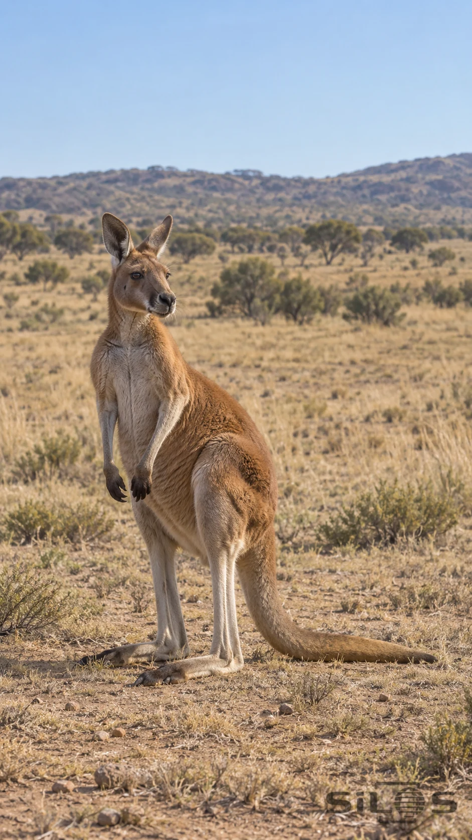 A red kangaroo rests upright in sparse dry grass with its large hind feet and long tail grounded.