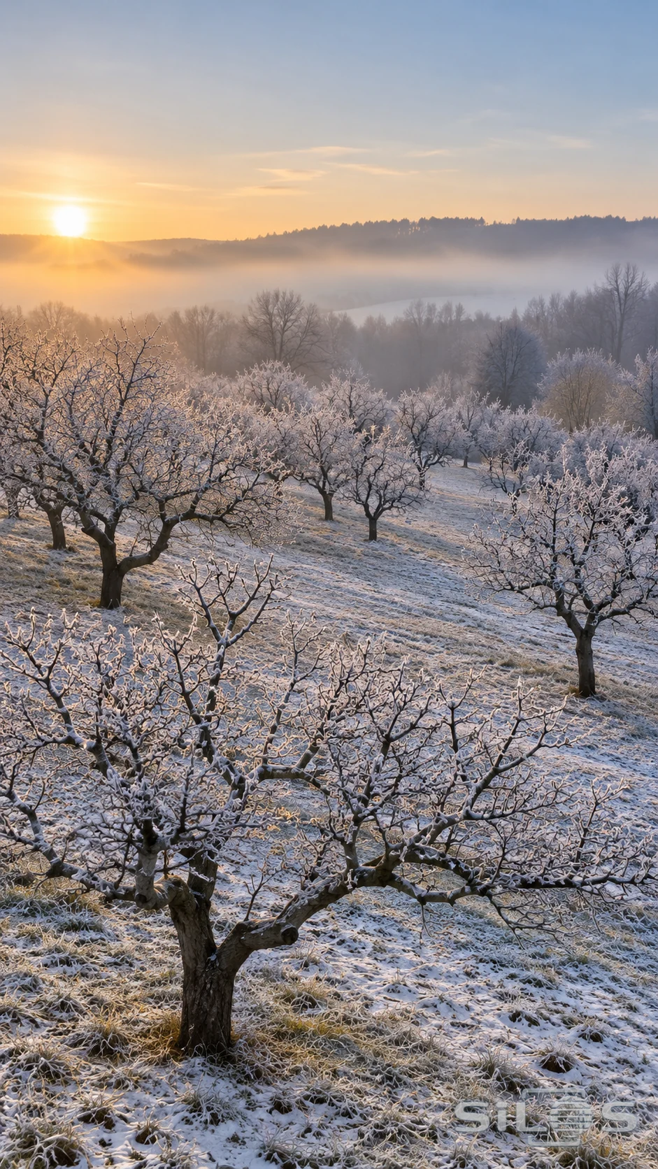 Rows of bare orchard trees coated with white frost stretch across a quiet field in low winter sunlight.