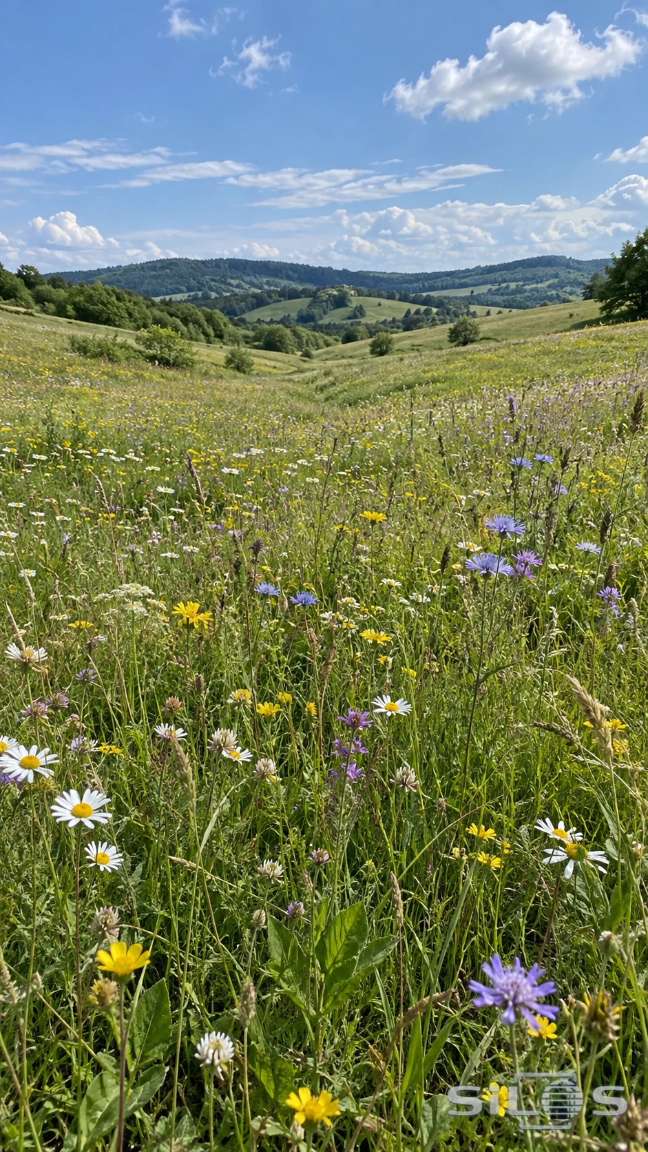 Mixed wildflowers and grasses spread across softly rolling hills under a pale summer sky.