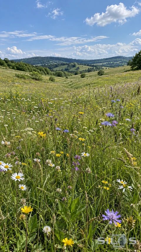 Mixed wildflowers and grasses spread across softly rolling hills under a pale summer sky.