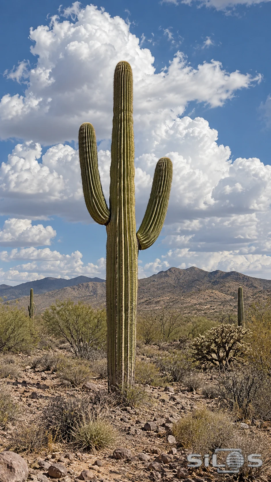 Tall branching saguaro cacti rise from a rocky desert plain beneath white cumulus clouds.
