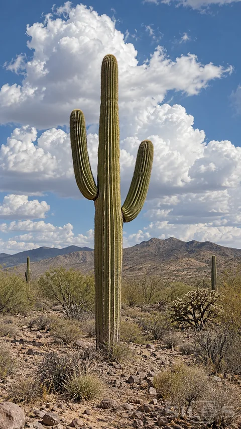 Tall branching saguaro cacti rise from a rocky desert plain beneath white cumulus clouds.