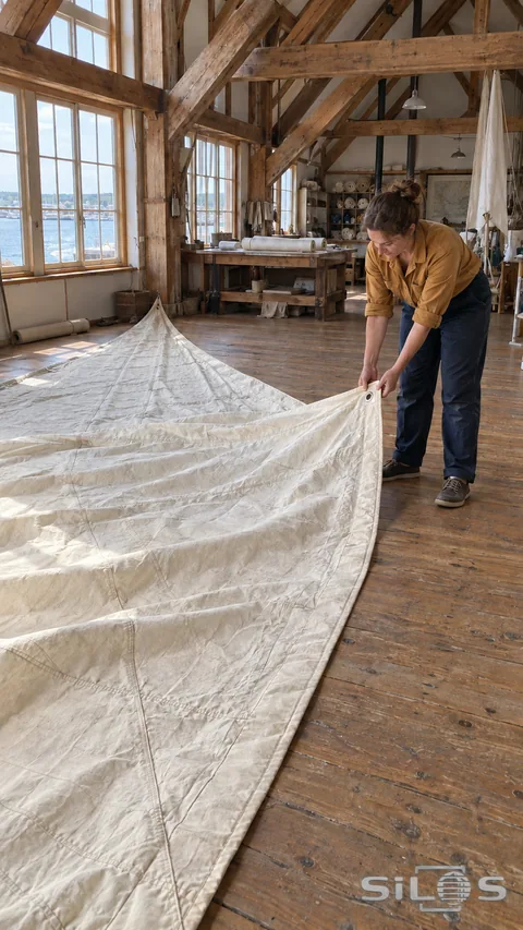 A sailmaker unfolds a large plain sail across the timber floor of a tall, sunlit working loft.