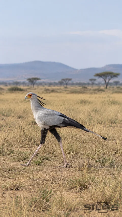 A secretary bird walks through short dry savanna grass beneath an open pale sky.