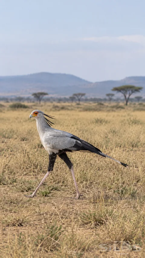 A secretary bird walks through short dry savanna grass beneath an open pale sky.