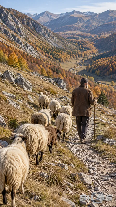 A shepherd walks with a small flock along a rocky path above an autumn valley.