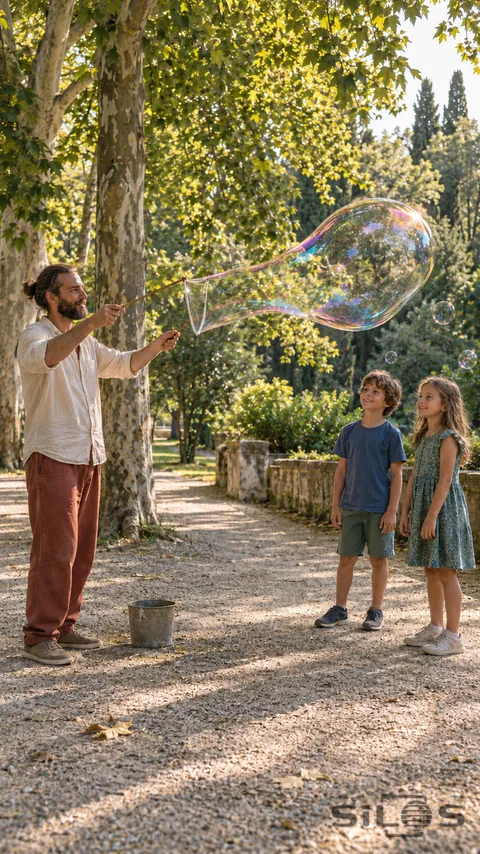 An adult performer draws a large soap bubble as two children watch from a garden path.