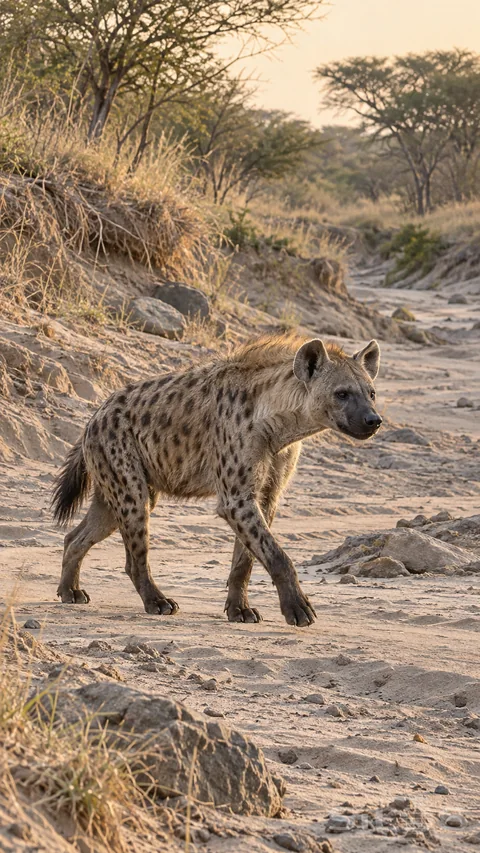 A full-body spotted hyena walks along a dry sandy river channel bordered by pale grass and low banks.