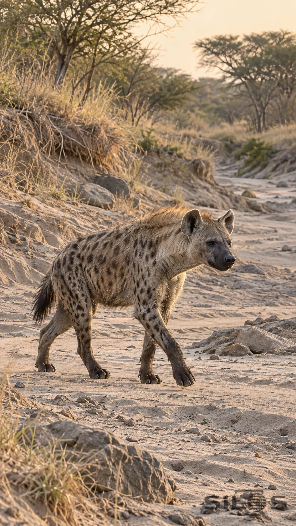 A full-body spotted hyena walks along a dry sandy river channel bordered by pale grass and low banks.