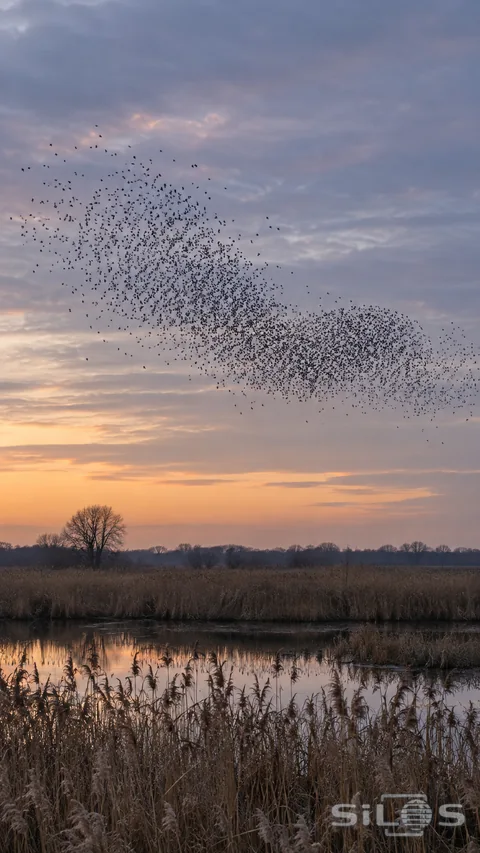 A distant starling murmuration turns over a winter reedbed beneath a muted dusk sky.