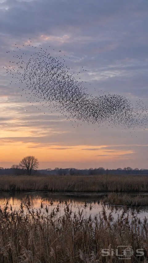 A distant starling murmuration turns over a winter reedbed beneath a muted dusk sky.