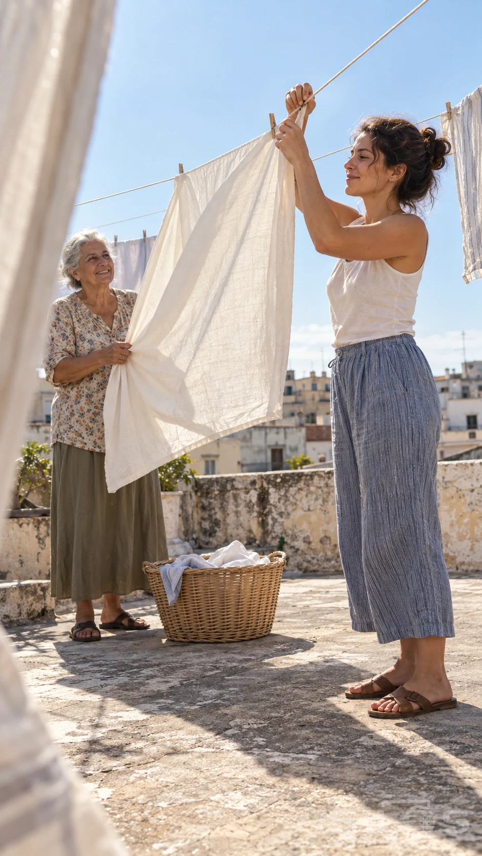 Two women hang a pale sheet across a sunlit rooftop as the city falls away behind them.