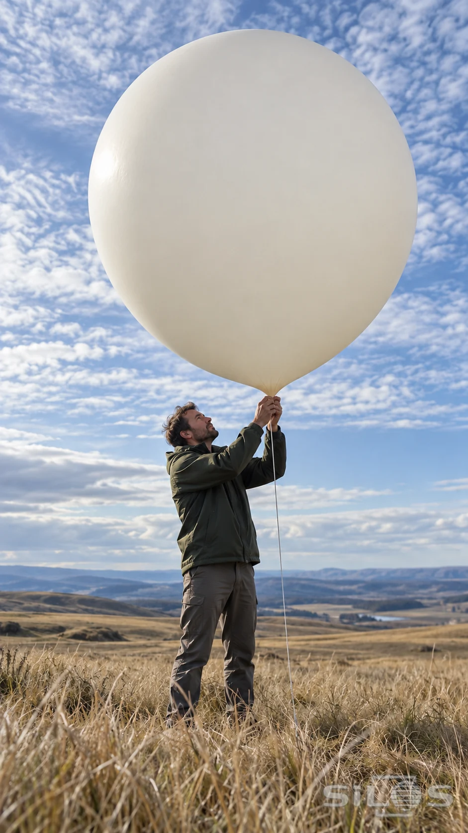 A field worker holds the narrow neck of a large pale balloon on an open grassy plain beneath a blue and white sky.