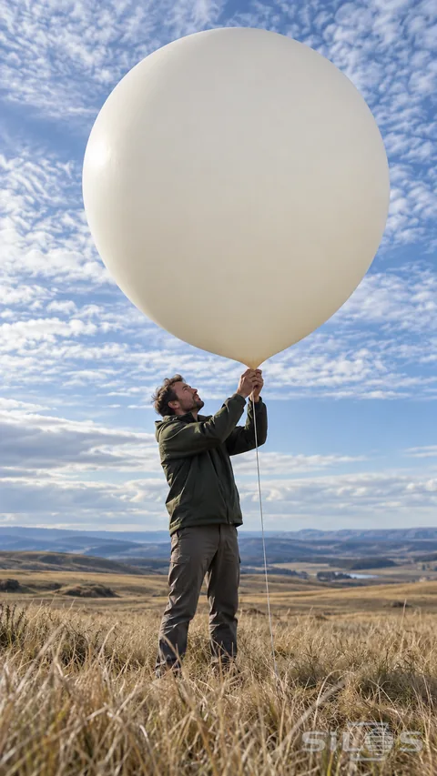 A field worker holds the narrow neck of a large pale balloon on an open grassy plain beneath a blue and white sky.