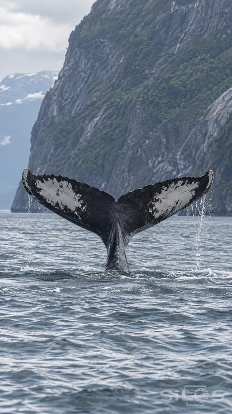 A whale raises its broad tail above cold water beneath a steep fjord wall.