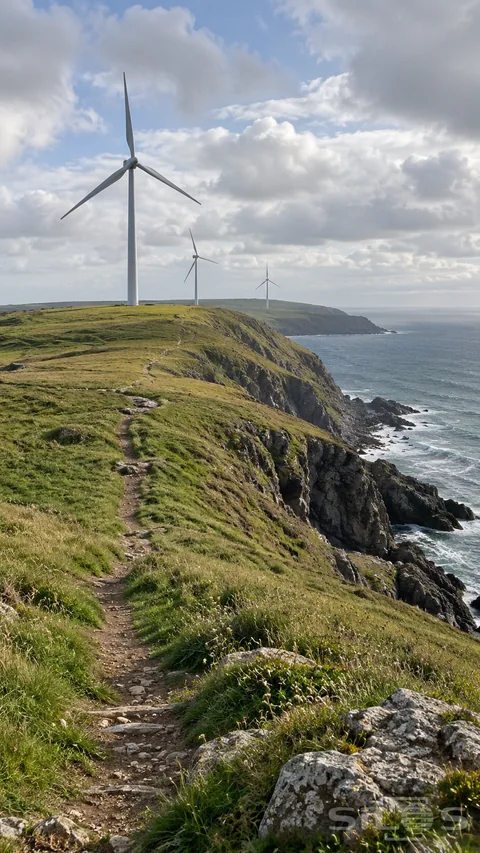 Unbranded wind turbines stand across a grassy coastal headland beneath broken cloud and sea light.