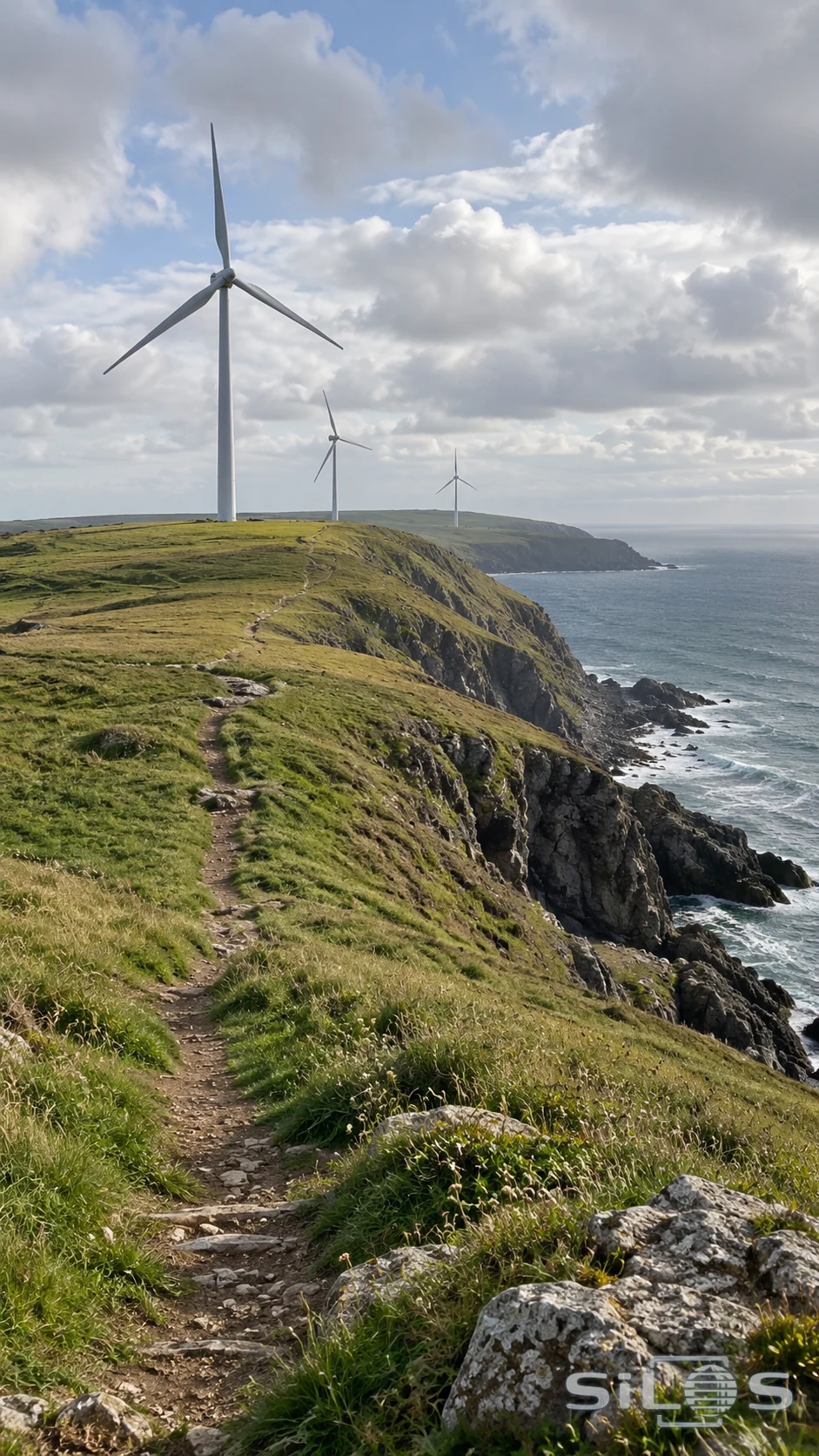 Unbranded wind turbines stand across a grassy coastal headland beneath broken cloud and sea light.
