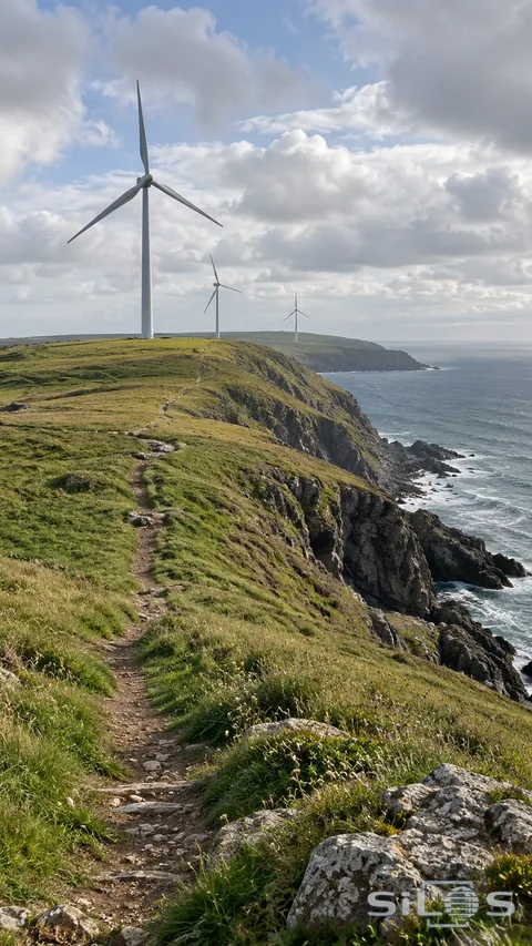 Unbranded wind turbines stand across a grassy coastal headland beneath broken cloud and sea light.