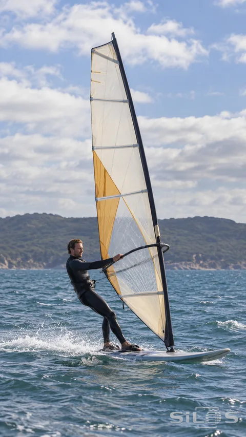 An adult windsurfer crosses a choppy bay with a full sail and board against a distant low coast.