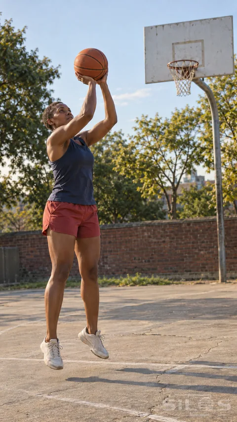 An adult woman practices a basketball jump shot on a quiet neighborhood court.