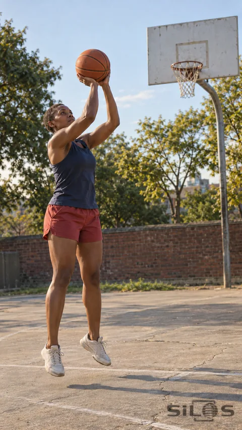 An adult woman practices a basketball jump shot on a quiet neighborhood court.
