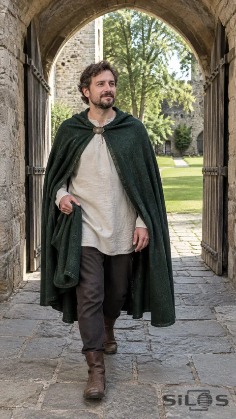 An adult in a simple historically inspired wool costume walks through a tall stone gatehouse into daylight.