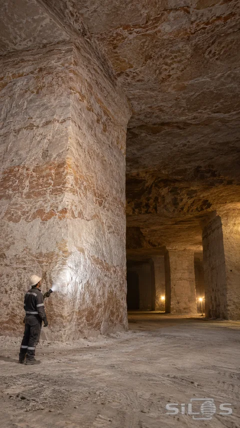 A helmeted worker inspects a pale rock pillar inside an immense underground chamber.