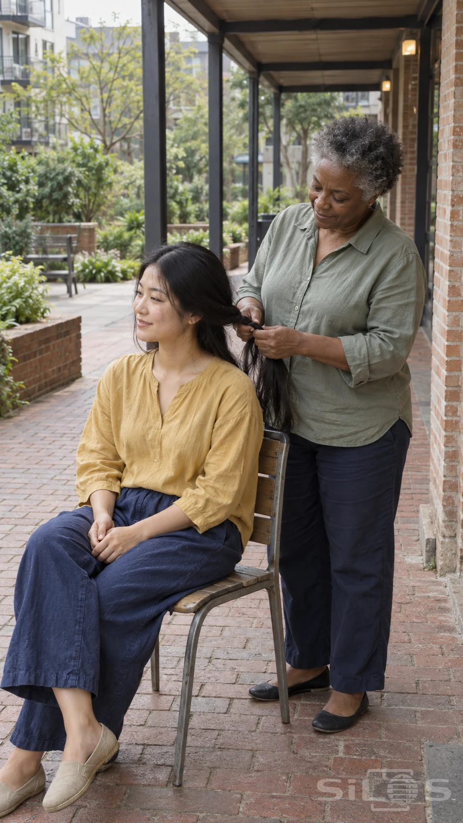 An older woman braids a seated woman’s long dark hair beneath an open brick awning, with paving and leafy courtyard depth.