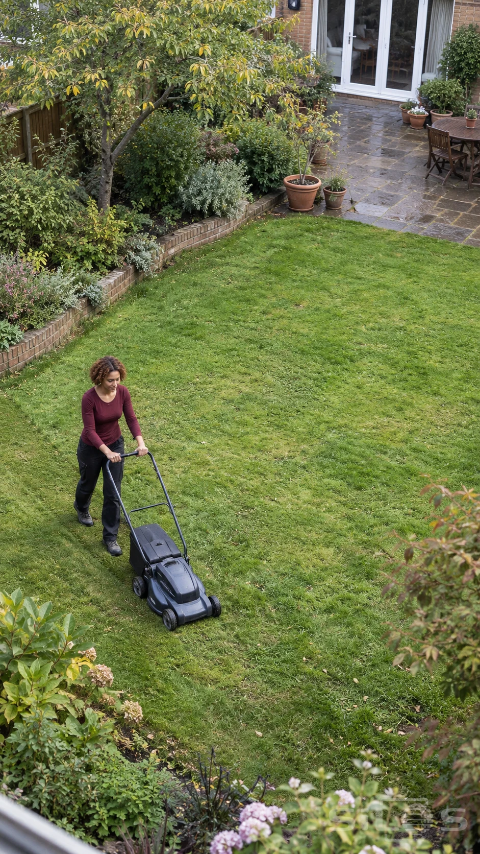 From a high diagonal viewpoint, a woman in a burgundy top pushes a charcoal mower across a green lawn surrounded by shrubs, low brick borders, pots and a house patio.
