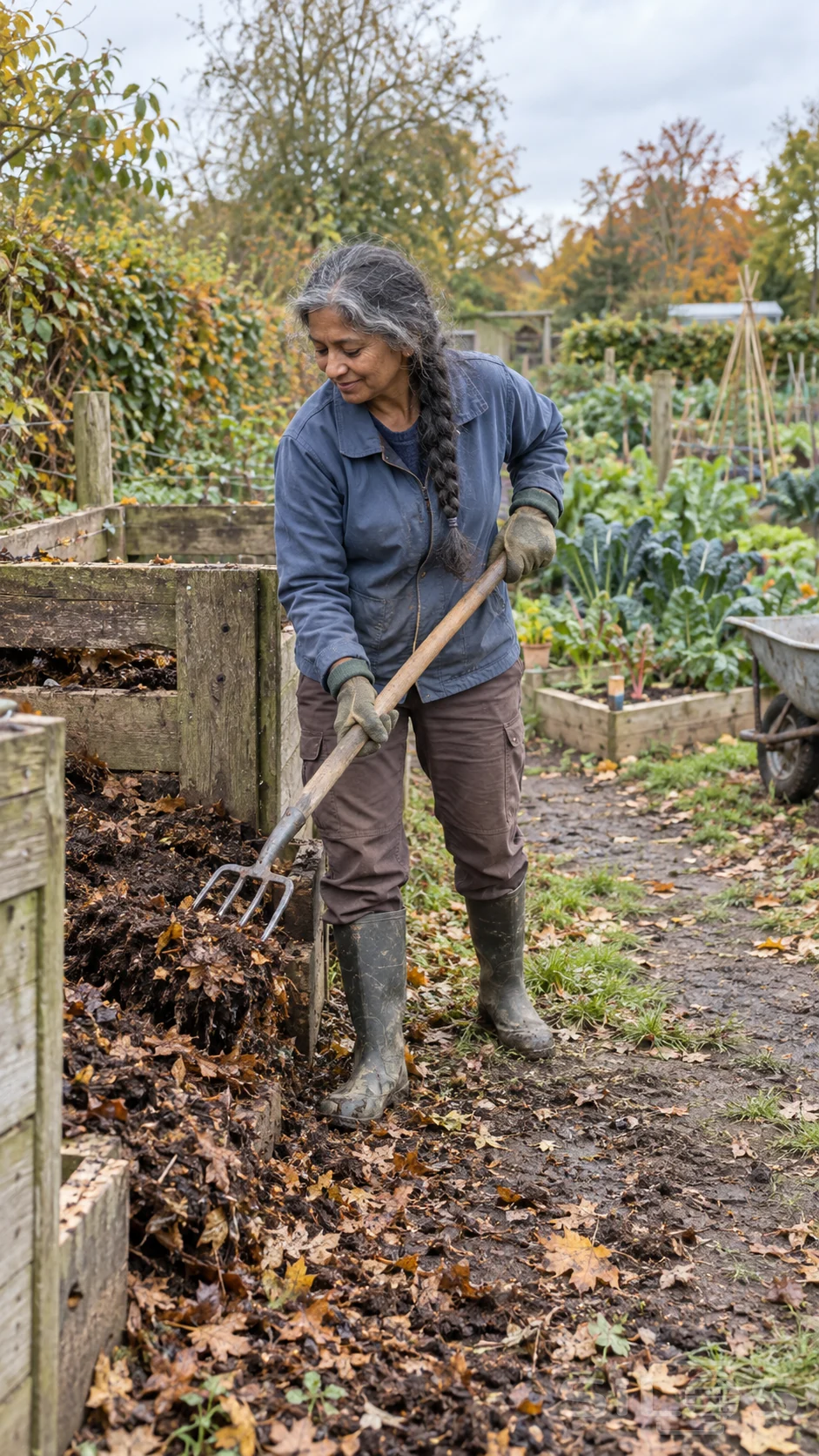 A gray-haired woman in a blue jacket and rubber boots grips a wooden-handled fork beside a leaf-filled timber compost bay, with vegetable beds and autumn trees behind.