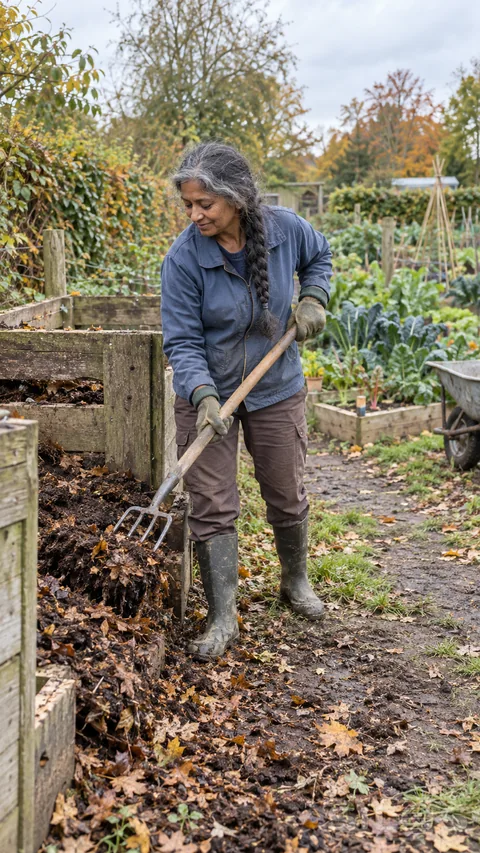 A gray-haired woman in a blue jacket and rubber boots grips a wooden-handled fork beside a leaf-filled timber compost bay, with vegetable beds and autumn trees behind.