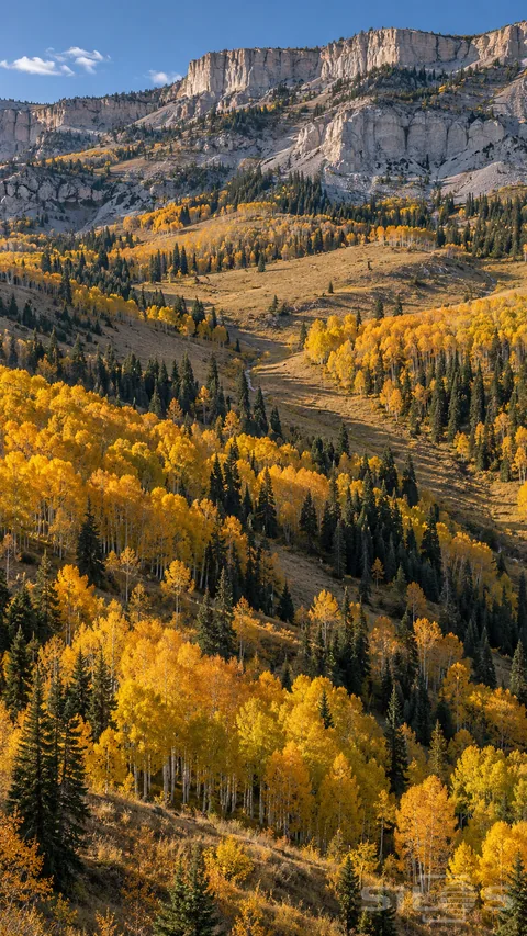 Golden autumn groves and dark conifers spread across a mountain hillside below a pale limestone escarpment.