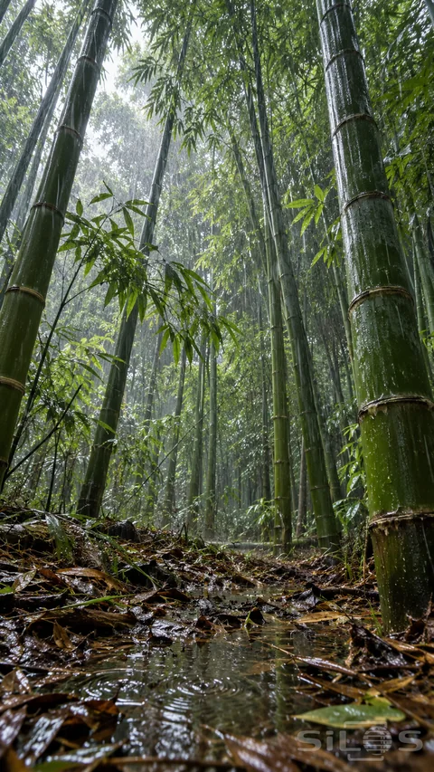 Low upward view through tall wet green bamboo, leafy canopy, falling rain and a foreground puddle among brown leaf litter.