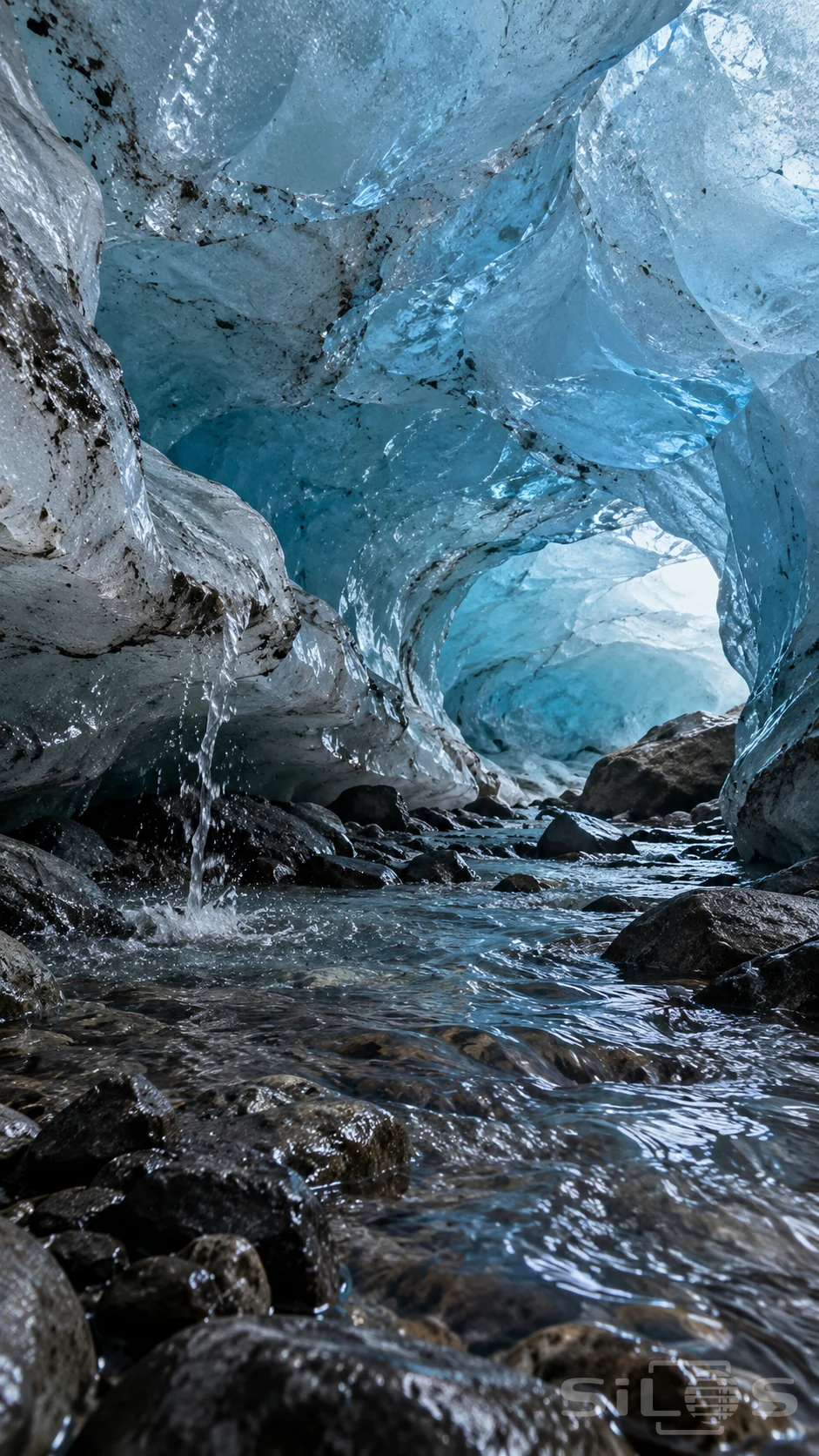A rough blue-white ice vault spans a shallow meltwater passage, with dark sediment seams, a small trickle and wet stones.