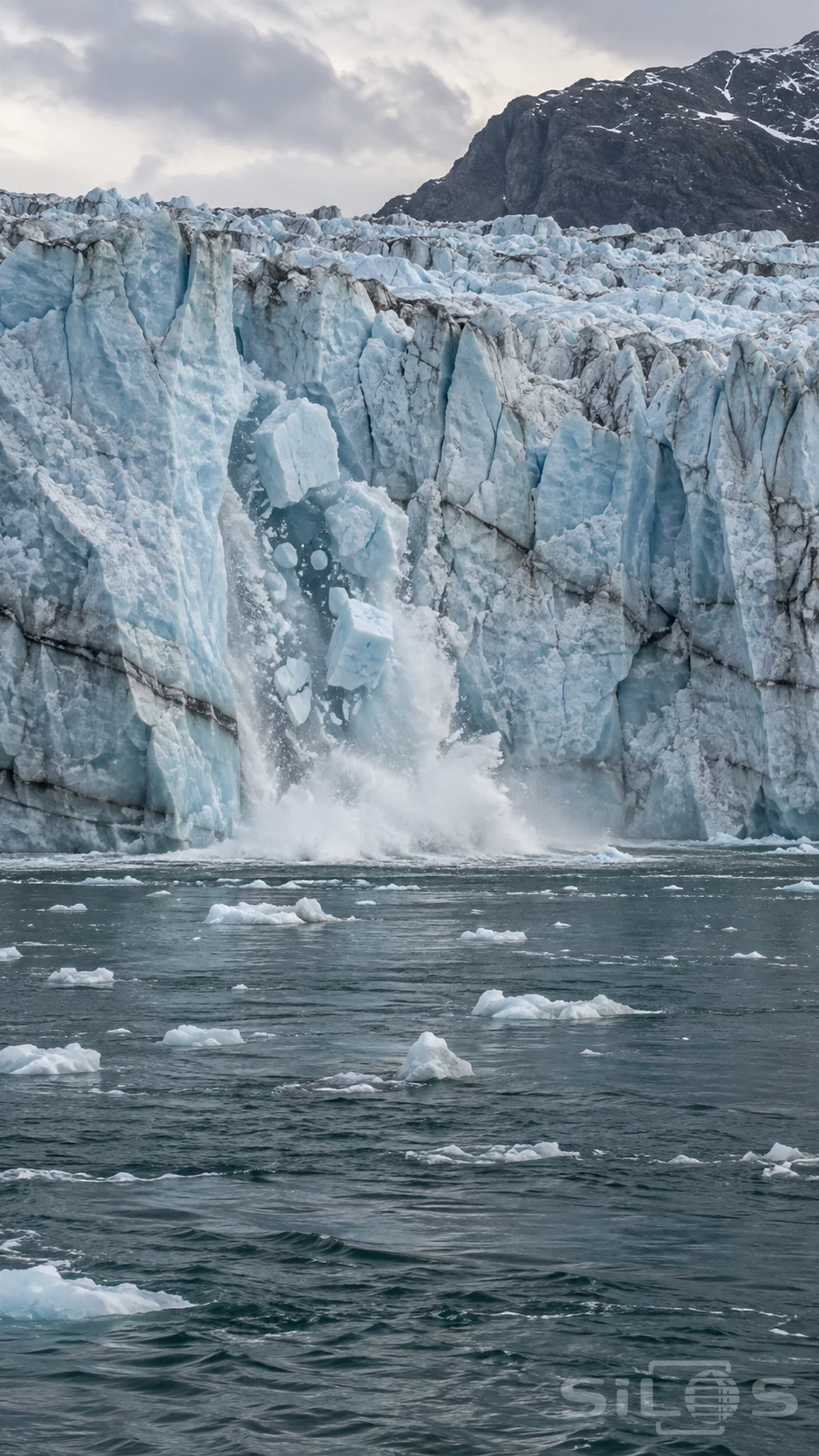A continuous blue-white glacier front with a ragged recess, falling ice fragments and a connected white splash at the waterline, dark rippled water and scattered floating ice in the foreground.