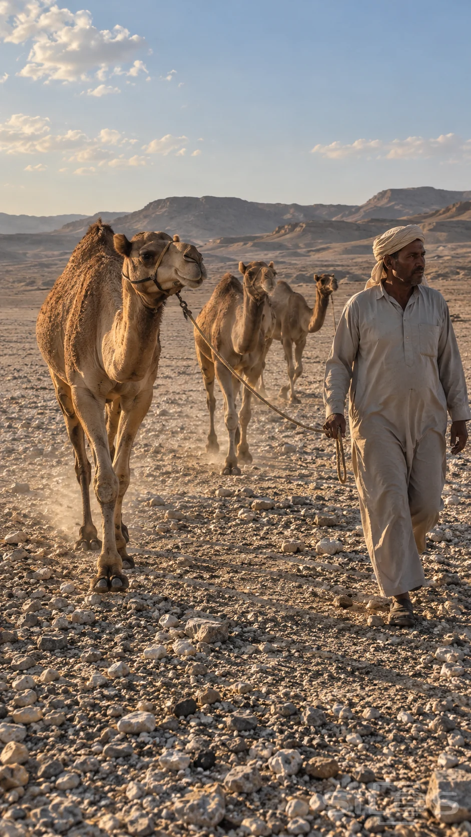 A walking guide leads three camels across stony ground beneath dry desert ridges in late light.