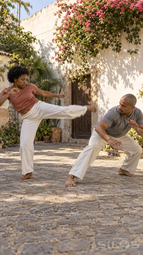 Two adult capoeira partners exchange a sweeping kick and low evasion on sunlit stone paving beneath flowering courtyard vines.