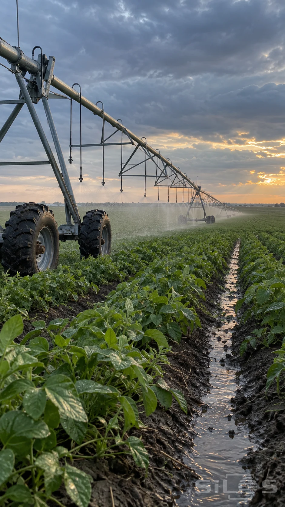 A connected irrigation pipe and steel truss on wheeled support towers above green crops, with hanging sprinkler drops and evening clouds.