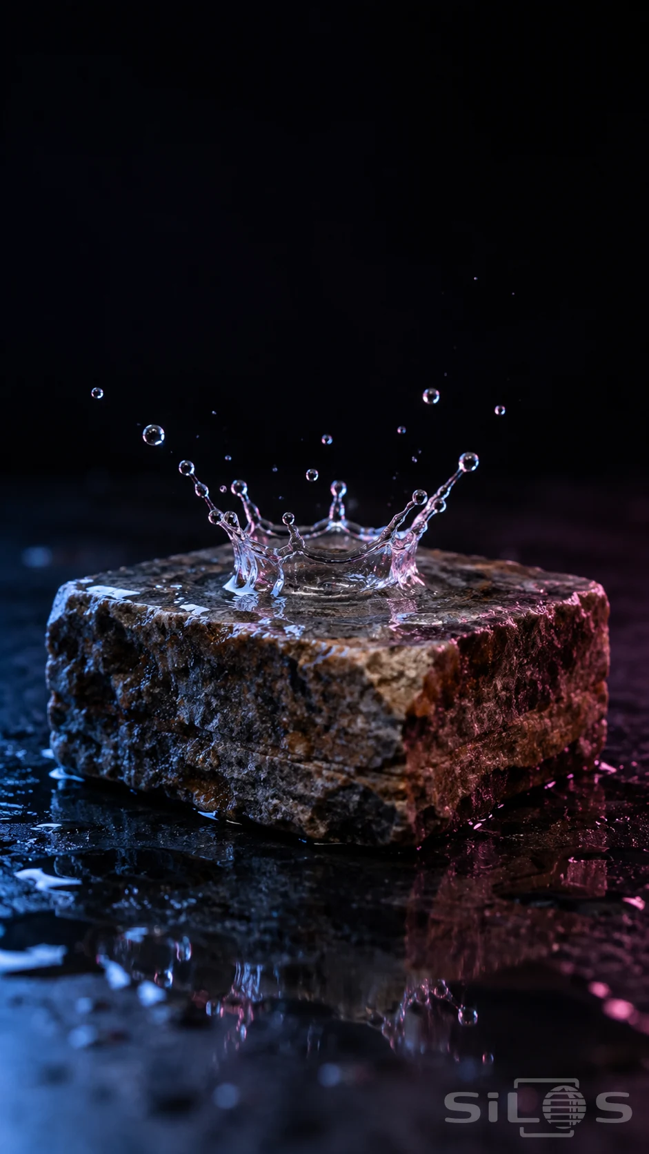 A transparent water crown rises from a wet stone block, with irregular rim spikes, airborne droplets and blue-pink reflections on a dark surface.