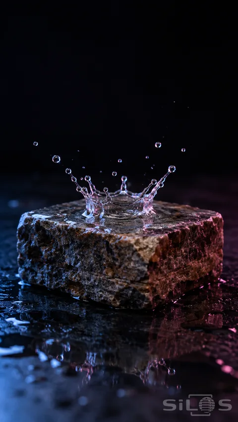 A transparent water crown rises from a wet stone block; with irregular rim spikes; airborne droplets and blue-pink reflections on a dark surface.