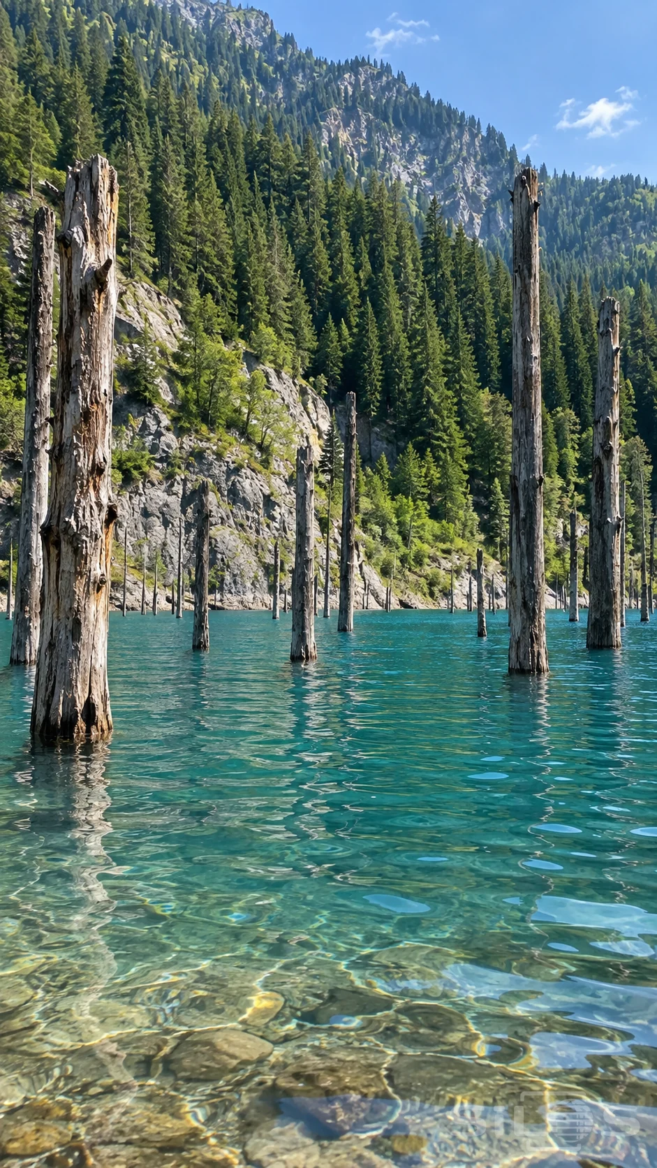 Weathered bare tree trunks rise through a turquoise mountain lake beneath a forested rocky slope, with ripples and submerged stones in the foreground.