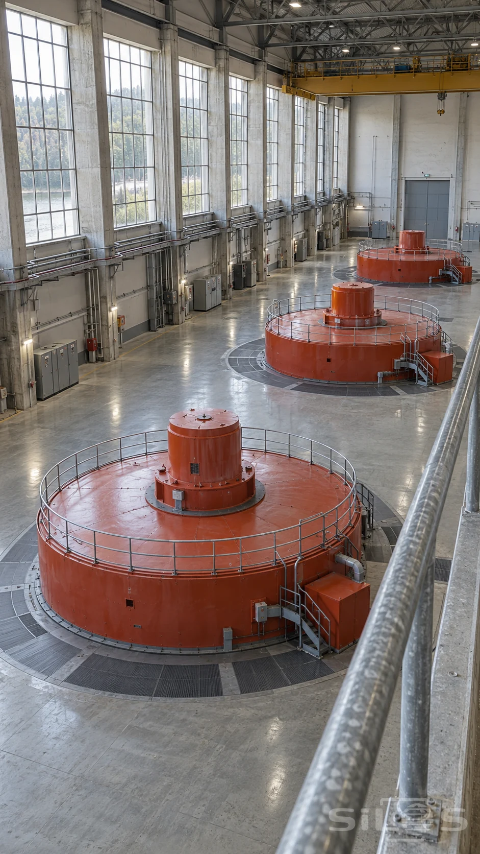 Elevated view down an empty industrial hall with three red-orange generator covers, circular guardrails, tall windows and a foreground steel balcony.